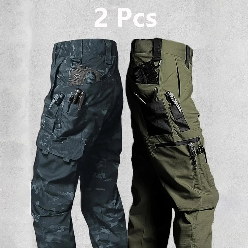 2Pcs Men's Winter Pants Outdoor Work Casual Cargo Trousers Waterproof Multi-pocket Wear-Resistant Outdoor Training Trousers