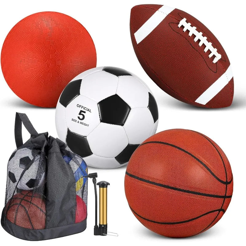 4 Pcs Sports Balls Set, Include Official Size Basketball, Soccer, Football, Playground Ball, Pump, Equipment Bag for Teen Adu (Copy)