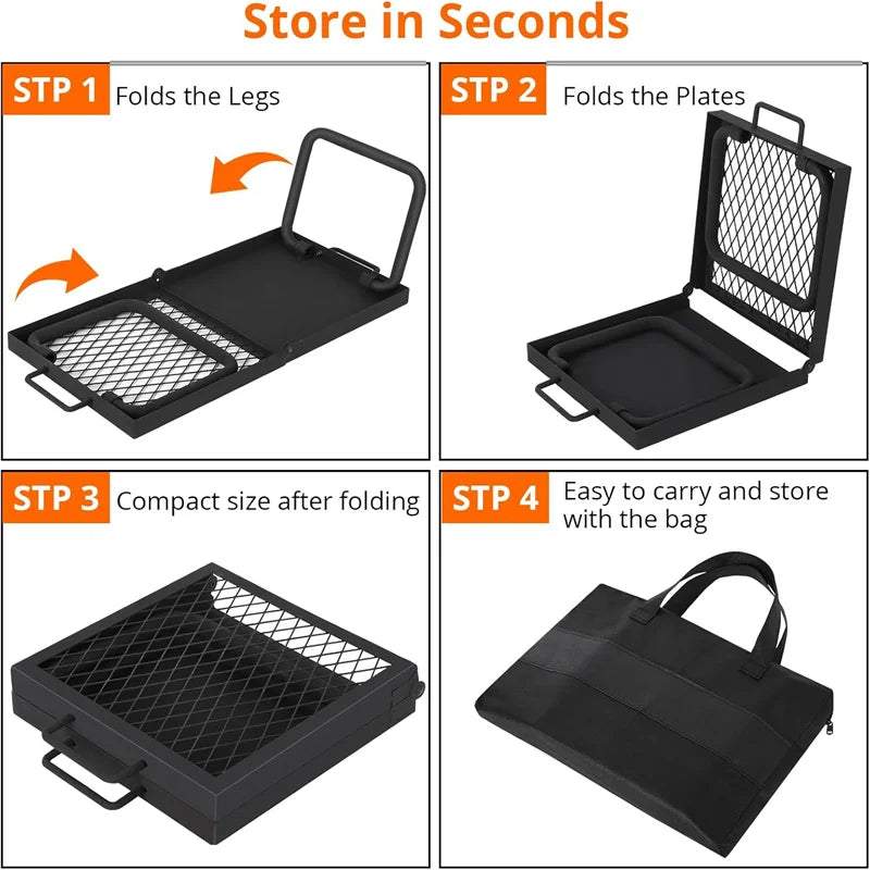 Folding Campfire Grill, Heavy Duty Steel Mesh Grate, Over Fire Pit,