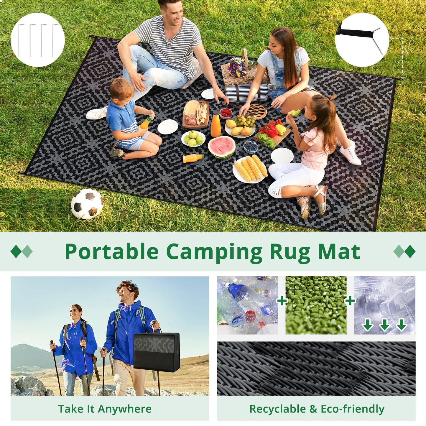 Outdoor Camping Rug Waterproof 6x9FT Reversible Stain&UV Resistant Plastic Straw RV Rug Carpet Mat with Portable Bag&4 Stakes