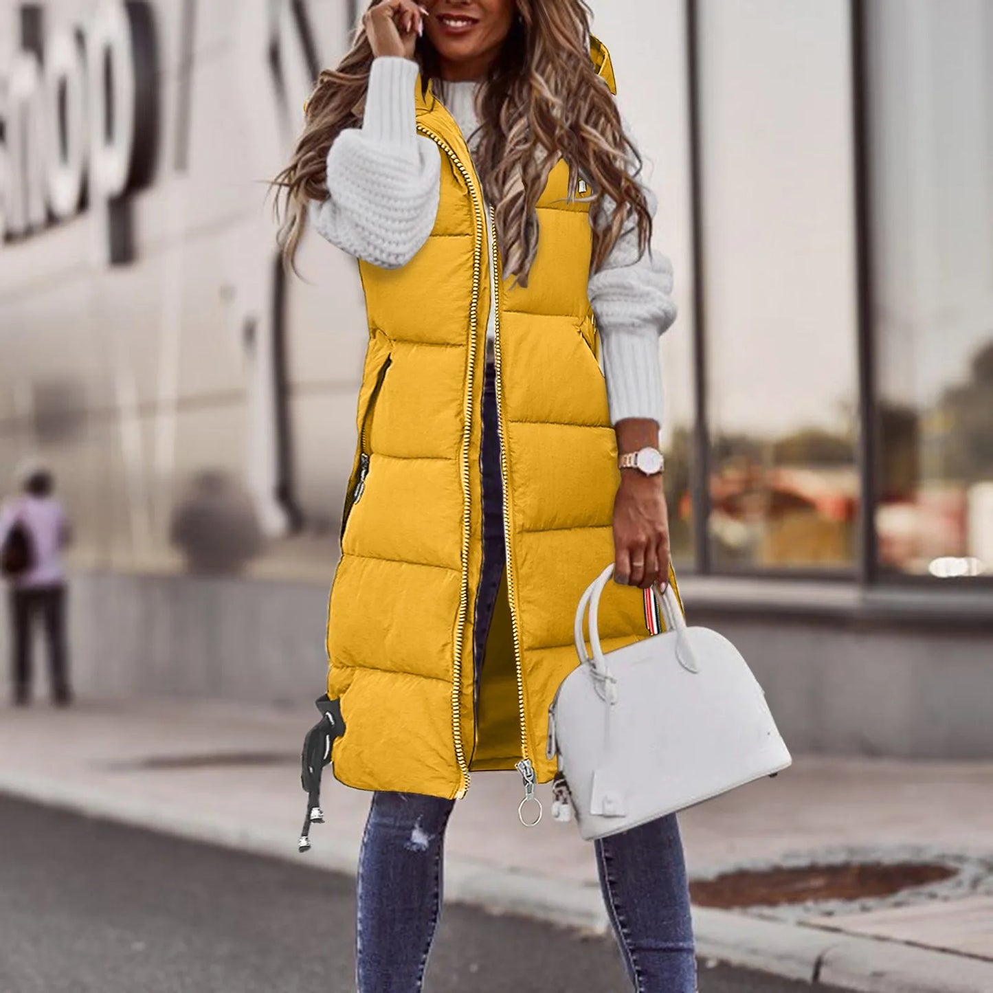 Winter Fashion Women Hood Thick Cotton Parkas Mid-length Long Down Jacket Vest