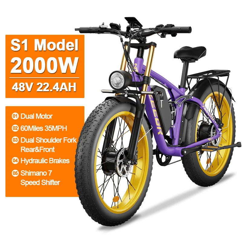Zgeer F1 48v 2000w ebike full suspension power bicycle with ce 26 inch fat tire hidden dual battery