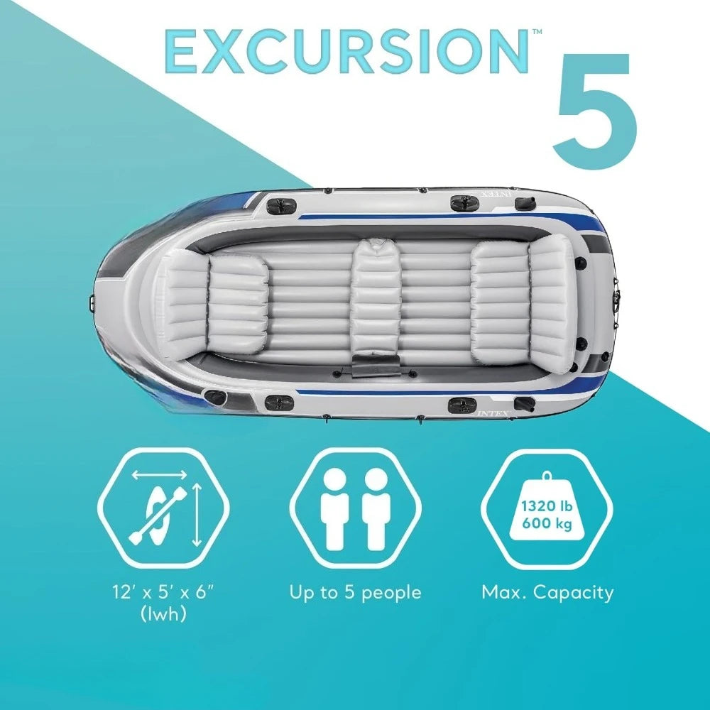 Excursion 5 Person Inflatable Boat Set with 2 Aluminum Oars and Pump, 12V Transom Mount Boat Trolling, and Motor Mount Kit