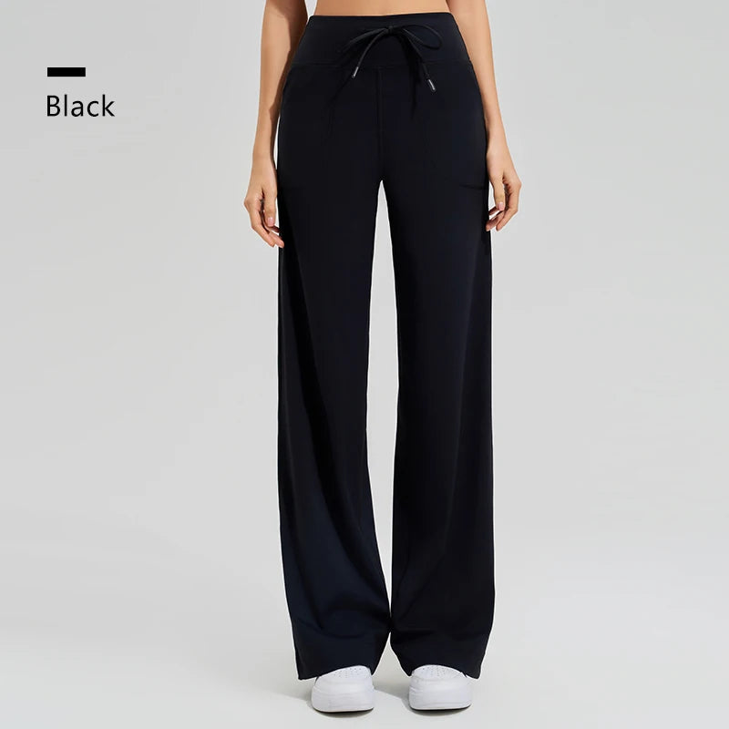 Women's High Waist Yoga Pants Gym Loose Running Pants Double Side Brushed with Pockets Pants Ties