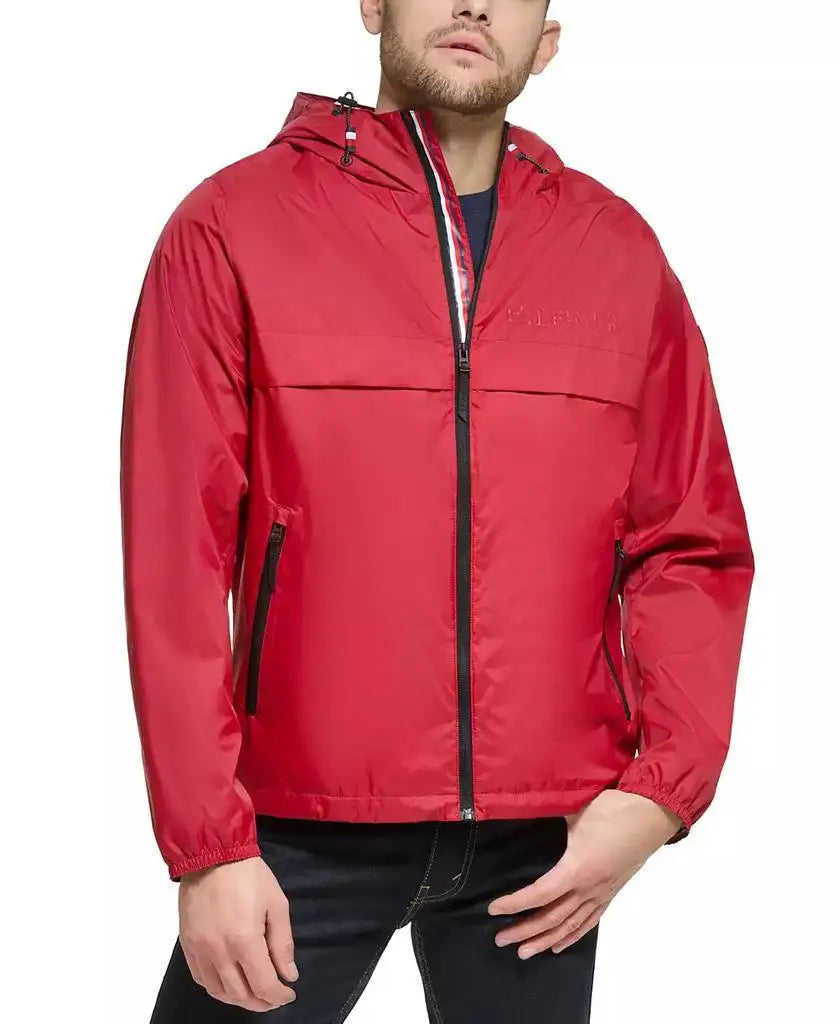 Tommy Hilfiger Men's Water-Resistant Running Jacket with Hood Zip-Front Outdoor Sportswear Design