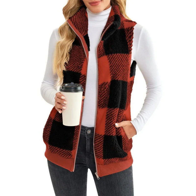 Autumn Winter Plaid Fleece Hoodie Vest Women's  Stand Collar Casual Pocket
