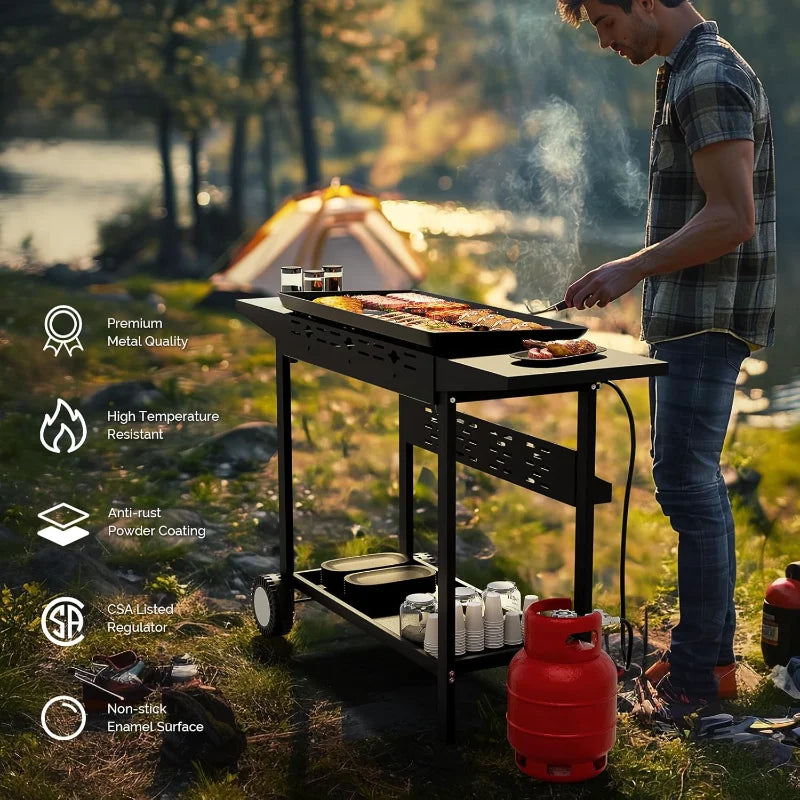 4 Burner Portable Propane Griddle with Nonstick Enameled Tray, 40000 BTU Rolling Flat Top Gas Grill with Electronic Ignit