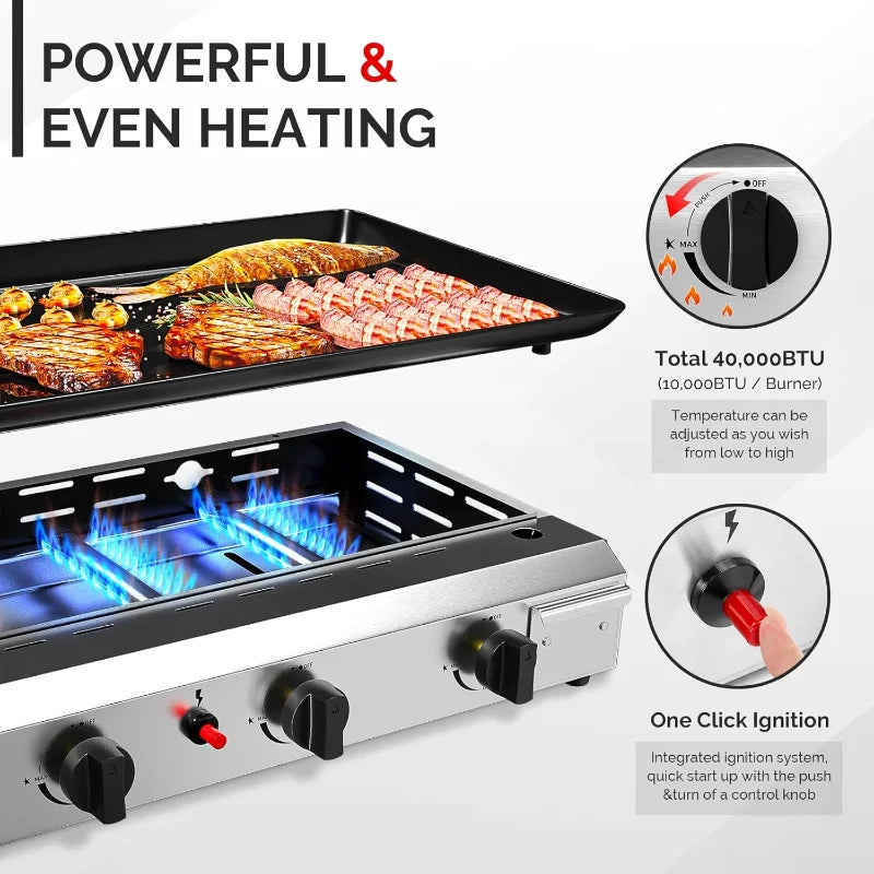 4 Burner Portable Propane Griddle with Nonstick Enameled Tray, 40000 BTU Rolling Flat Top Gas Grill with Electronic Ignit