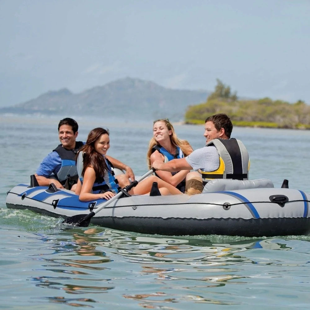 Excursion 5 Person Inflatable Boat Set with 2 Aluminum Oars and Pump, 12V Transom Mount Boat Trolling, and Motor Mount Kit