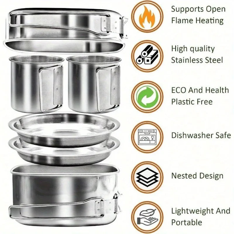 6Pcs Backpacking Camping Cookware Mini Picnic Camping Cooking Mess Kit, Stainless Steel Pots Pan Plates Set for Hiking, Backpacking, Bushcraft and Picnic, Included Carry Bag