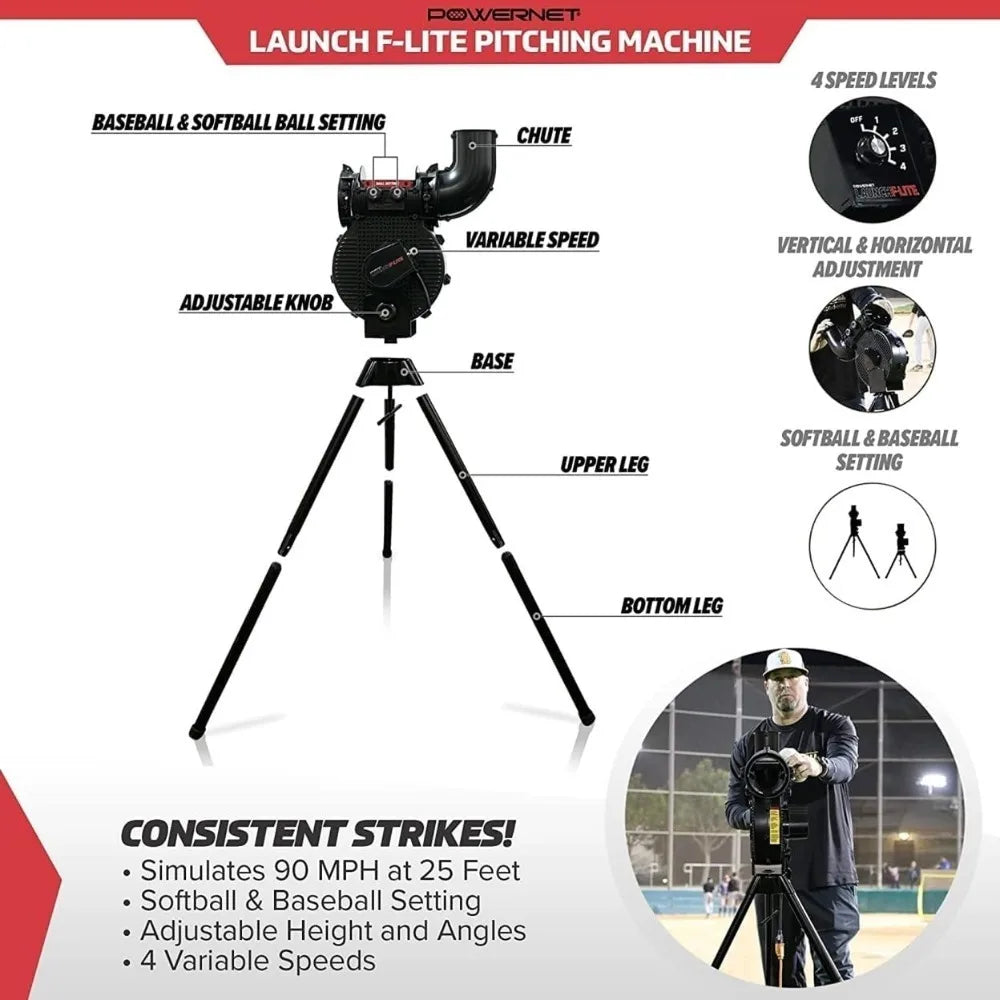 Launch F-lite Softball & Baseball Pitching Machine, Dimpled Practice Balls, Bucket of Baseballs