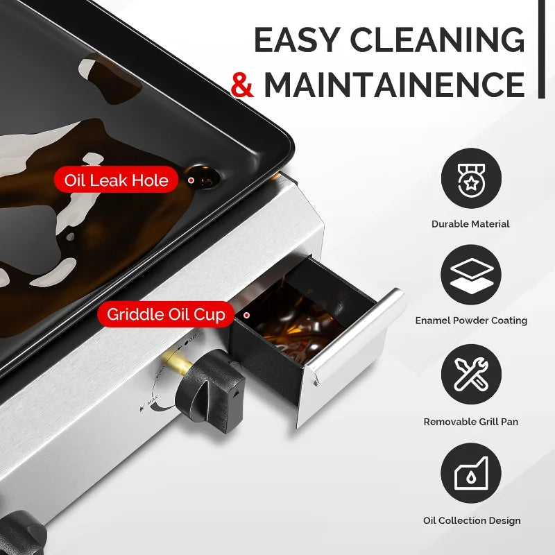 4 Burner Portable Propane Griddle with Nonstick Enameled Tray, 40000 BTU Rolling Flat Top Gas Grill with Electronic Ignit