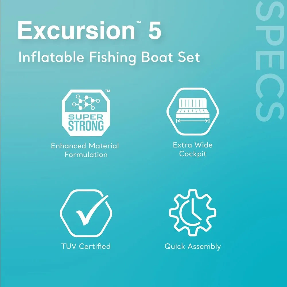 Excursion 5 Person Inflatable Boat Set with 2 Aluminum Oars and Pump, 12V Transom Mount Boat Trolling, and Motor Mount Kit