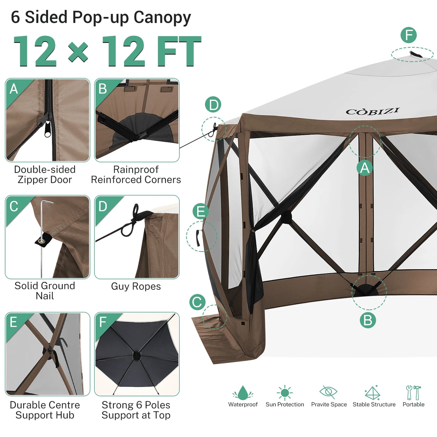 12x12ft Pop up Gazebo Screen Tent with Mosquito Netting, 6 Sided Pop-up Canopy Shelter Tent