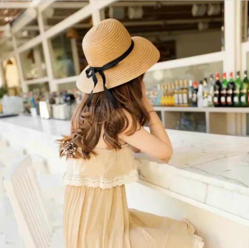 Wide Brim Bowknot Ribbon Straw Sun Hats for Women UV Protection Foldable Beach Hat