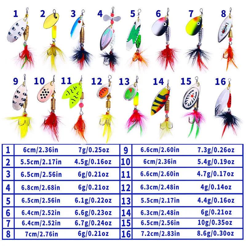 16PCS Fake Bait Spinner Lures Metal Bait Fishing Lure Spinnerbait Bass Trout