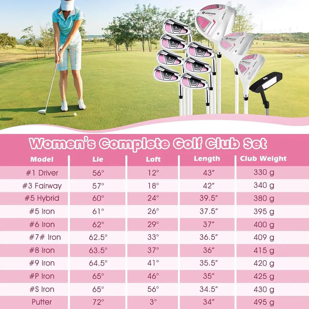 Ladies Golf Club Set, 9/11 Pieces, 460cc Driver, 3 Wood, Hybrid, Irons 6-9, Putter