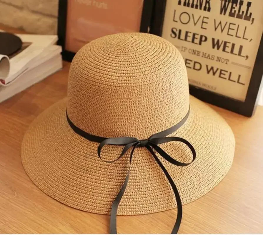 Wide Brim Bowknot Ribbon Straw Sun Hats for Women UV Protection Foldable Beach Hat