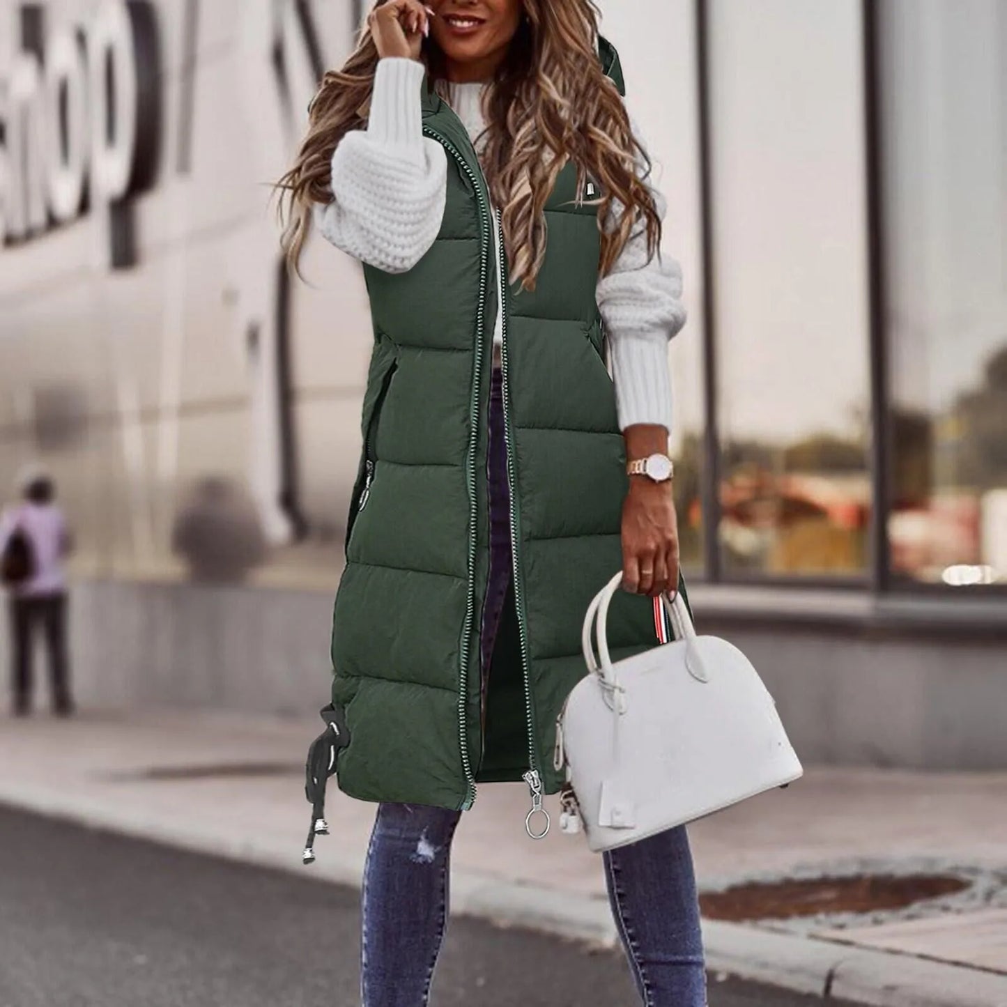 Winter Fashion Women Hood Thick Cotton Parkas Mid-length Long Down Jacket Vest