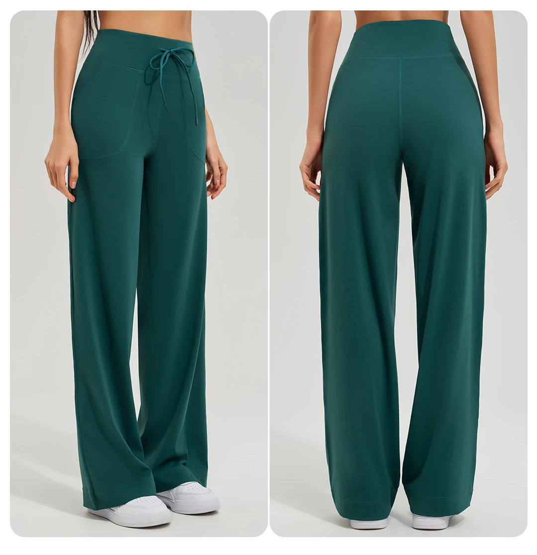 Women's High Waist Yoga Pants Gym Loose Running Pants Double Side Brushed with Pockets Pants Ties