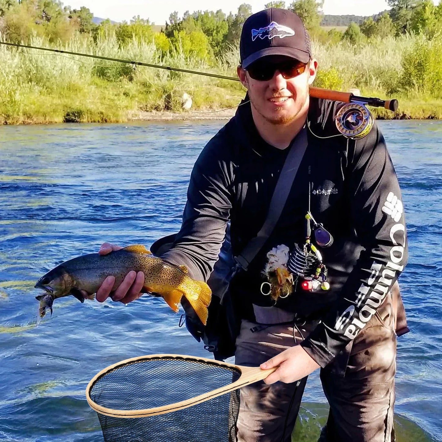 Fly Fishing Landing Net Curved Handle, Black Deep Net Freshwater Fishing Small Mesh