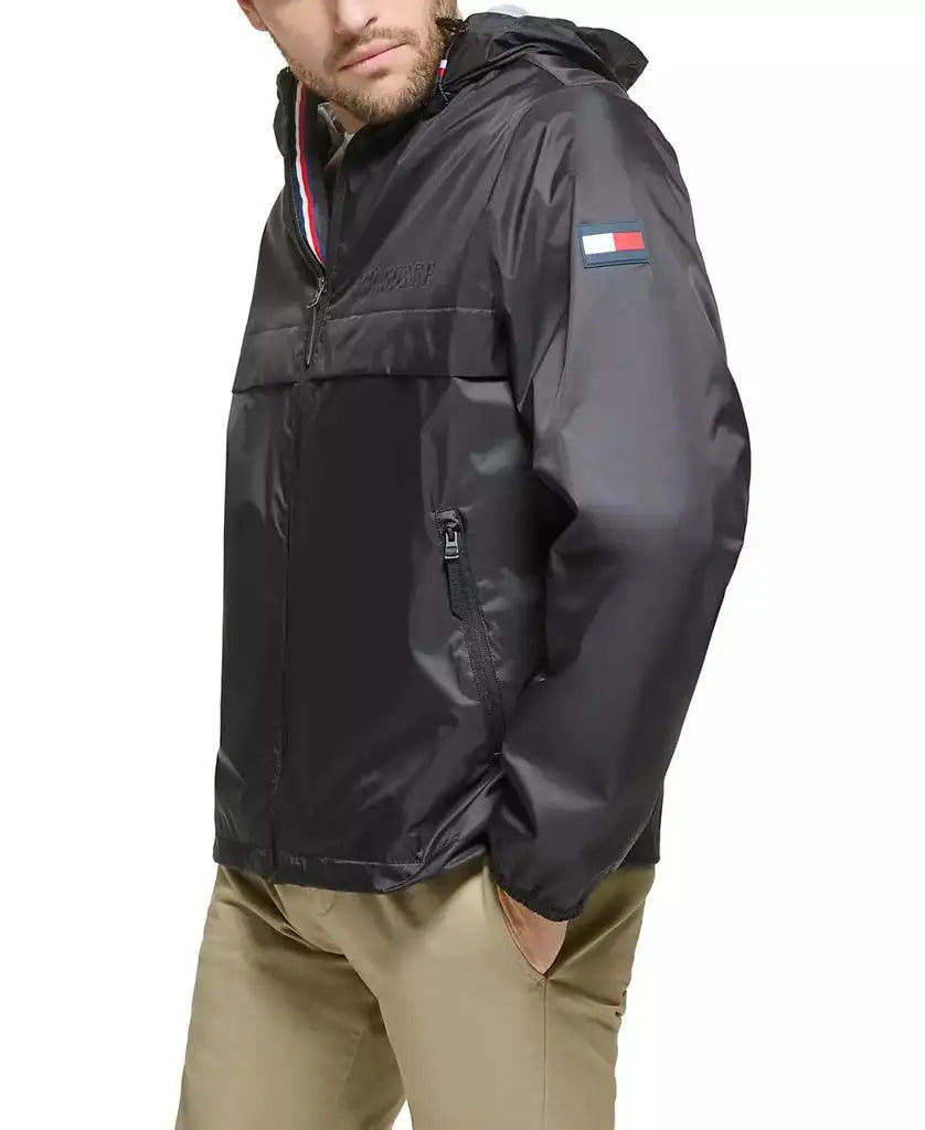 Tommy Hilfiger Men's Water-Resistant Running Jacket with Hood Zip-Front Outdoor Sportswear Design