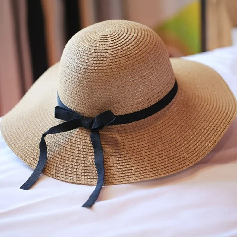 Wide Brim Bowknot Ribbon Straw Sun Hats for Women UV Protection Foldable Beach Hat