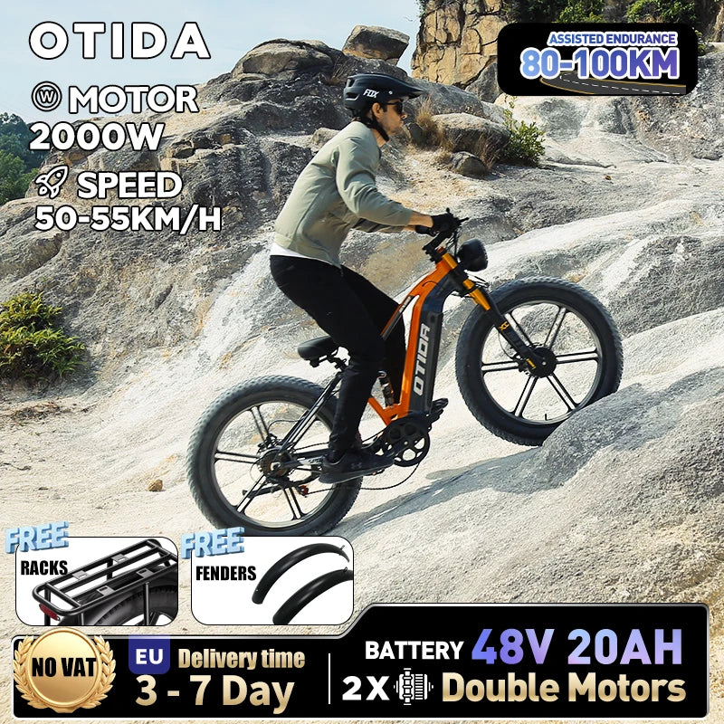 OTIDA NEW RX80 2000W 55KM/H Dual Motors Electric Bicycle 48V20AH Lithium Battery 26 Inch 4.0 Fatbike Electric Bike For Adults