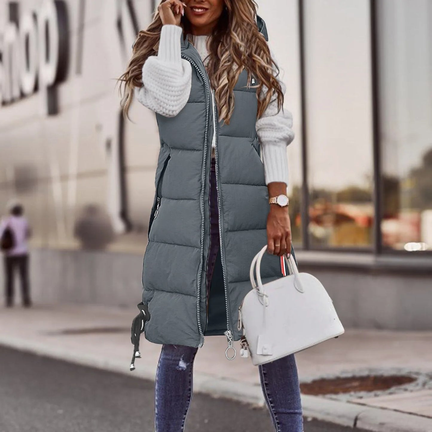 Winter Fashion Women Hood Thick Cotton Parkas Mid-length Long Down Jacket Vest
