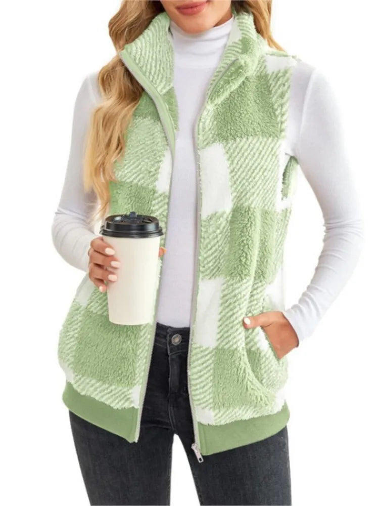 Autumn Winter Plaid Fleece Hoodie Vest Women's  Stand Collar Casual Pocket