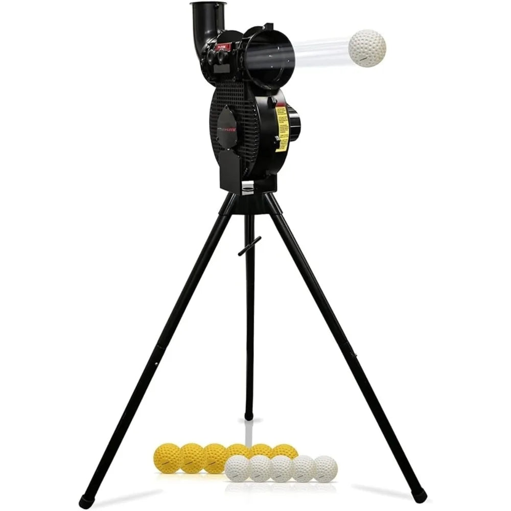 Launch F-lite Softball & Baseball Pitching Machine, Dimpled Practice Balls, Bucket of Baseballs