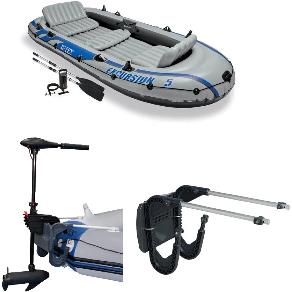 Excursion 5 Person Inflatable Boat Set with 2 Aluminum Oars, Pump, 12V Transom Mount Trolling Motor, and Motor Mount Kit