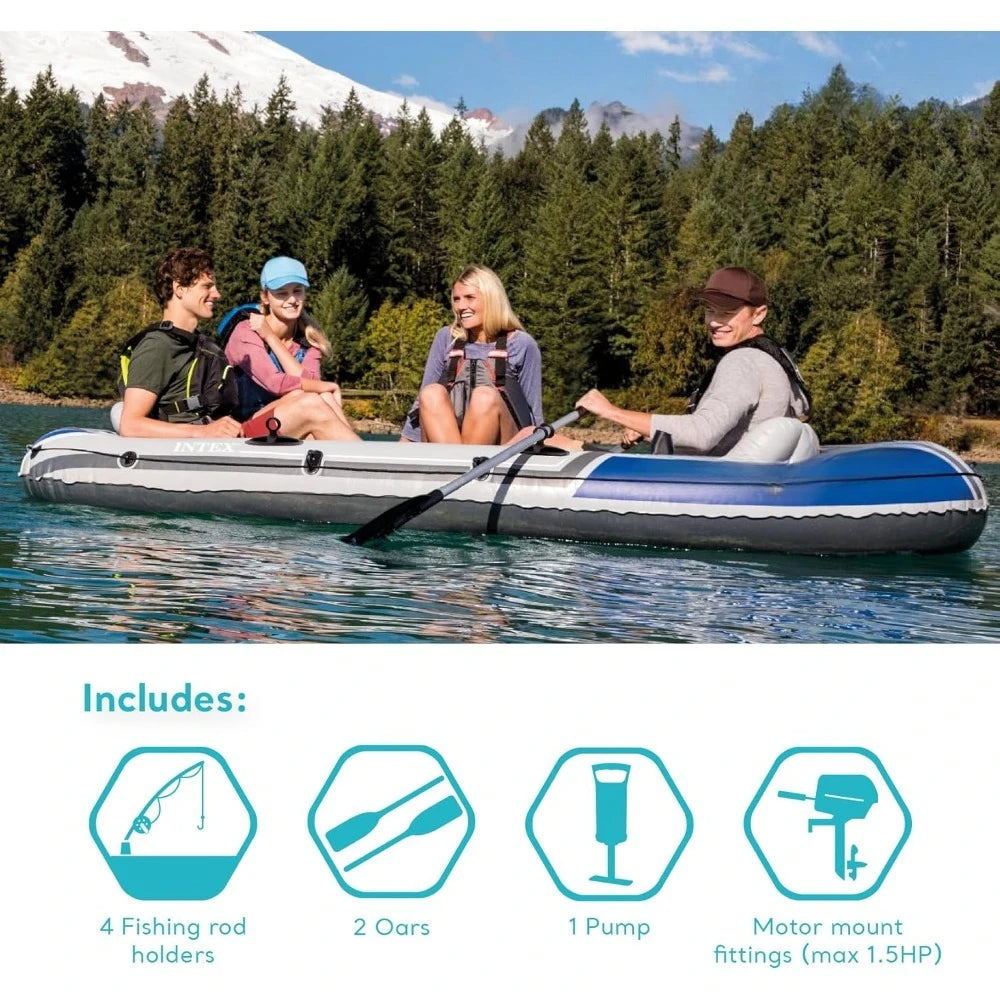 Excursion 5 Person Inflatable Boat Set with 2 Aluminum Oars and Pump, 12V Transom Mount Boat Trolling, and Motor Mount Kit