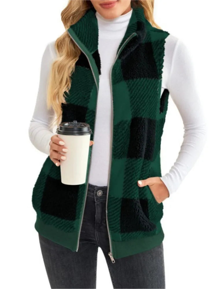 Autumn Winter Plaid Fleece Hoodie Vest Women's  Stand Collar Casual Pocket