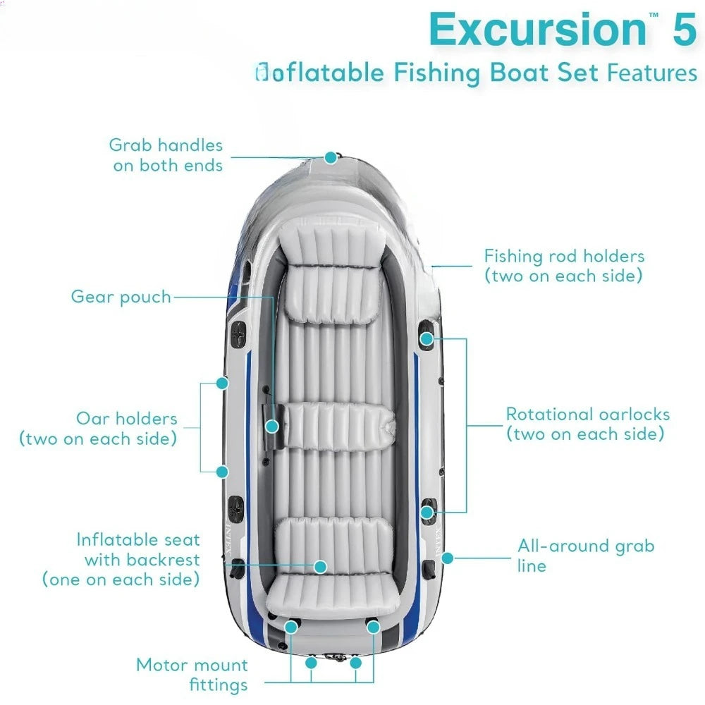 Excursion 5 Person Inflatable Boat Set with 2 Aluminum Oars and Pump, 12V Transom Mount Boat Trolling, and Motor Mount Kit