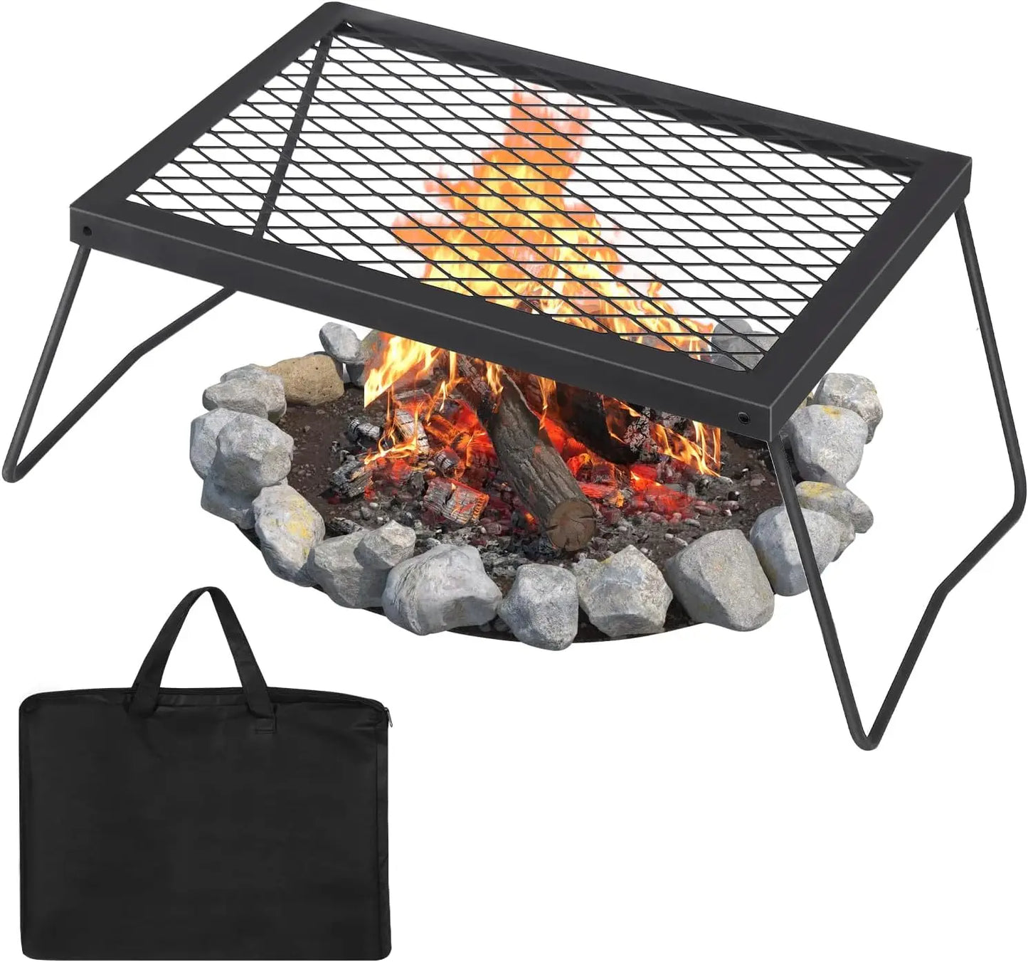 Folding Campfire Grill, Heavy Duty Steel Mesh Grate, Over Fire Pit,