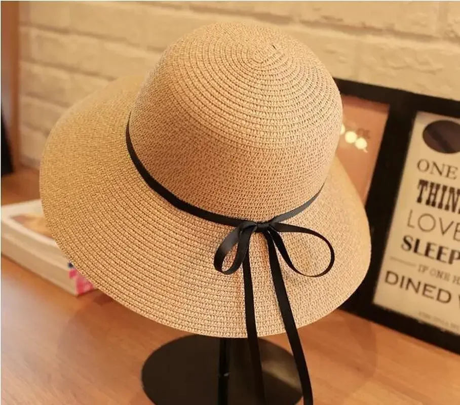 Wide Brim Bowknot Ribbon Straw Sun Hats for Women UV Protection Foldable Beach Hat
