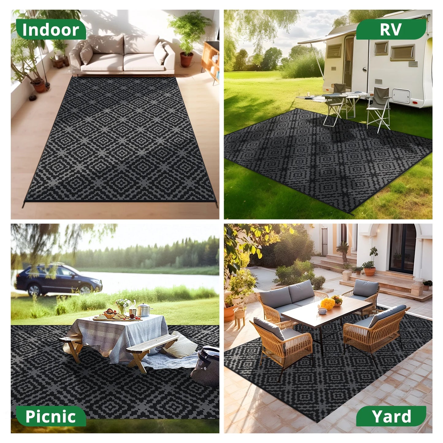 Outdoor Camping Rug Waterproof 6x9FT Reversible Stain&UV Resistant Plastic Straw RV Rug Carpet Mat with Portable Bag&4 Stakes