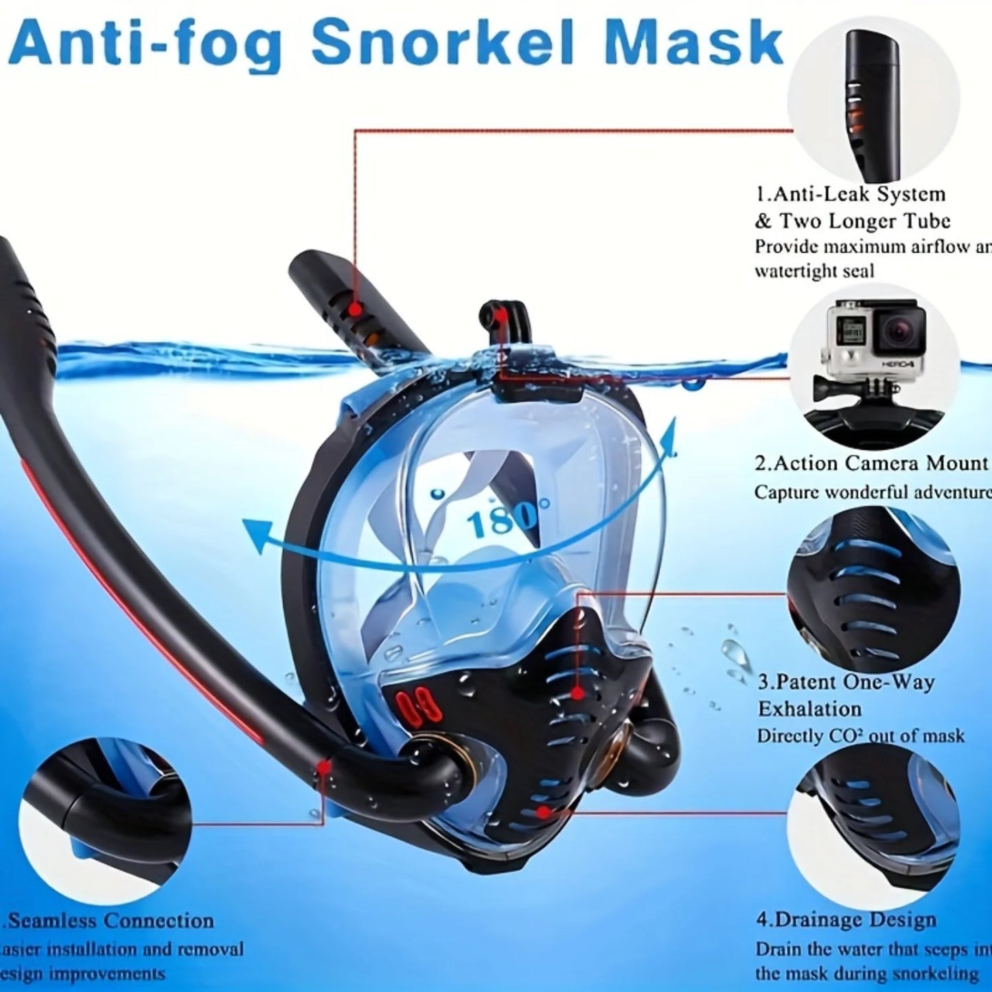 1pc Full Face Snorkel Mask with 180° Panoramic HD View | Adult Snorkeling Equipment