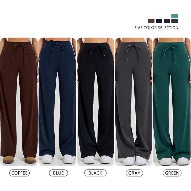 Women's High Waist Yoga Pants Gym Loose Running Pants Double Side Brushed with Pockets Pants Ties