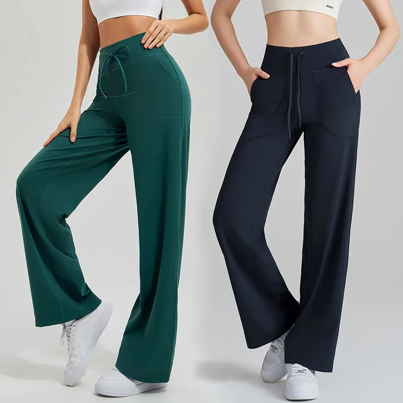 Women's High Waist Yoga Pants Gym Loose Running Pants Double Side Brushed with Pockets Pants Ties