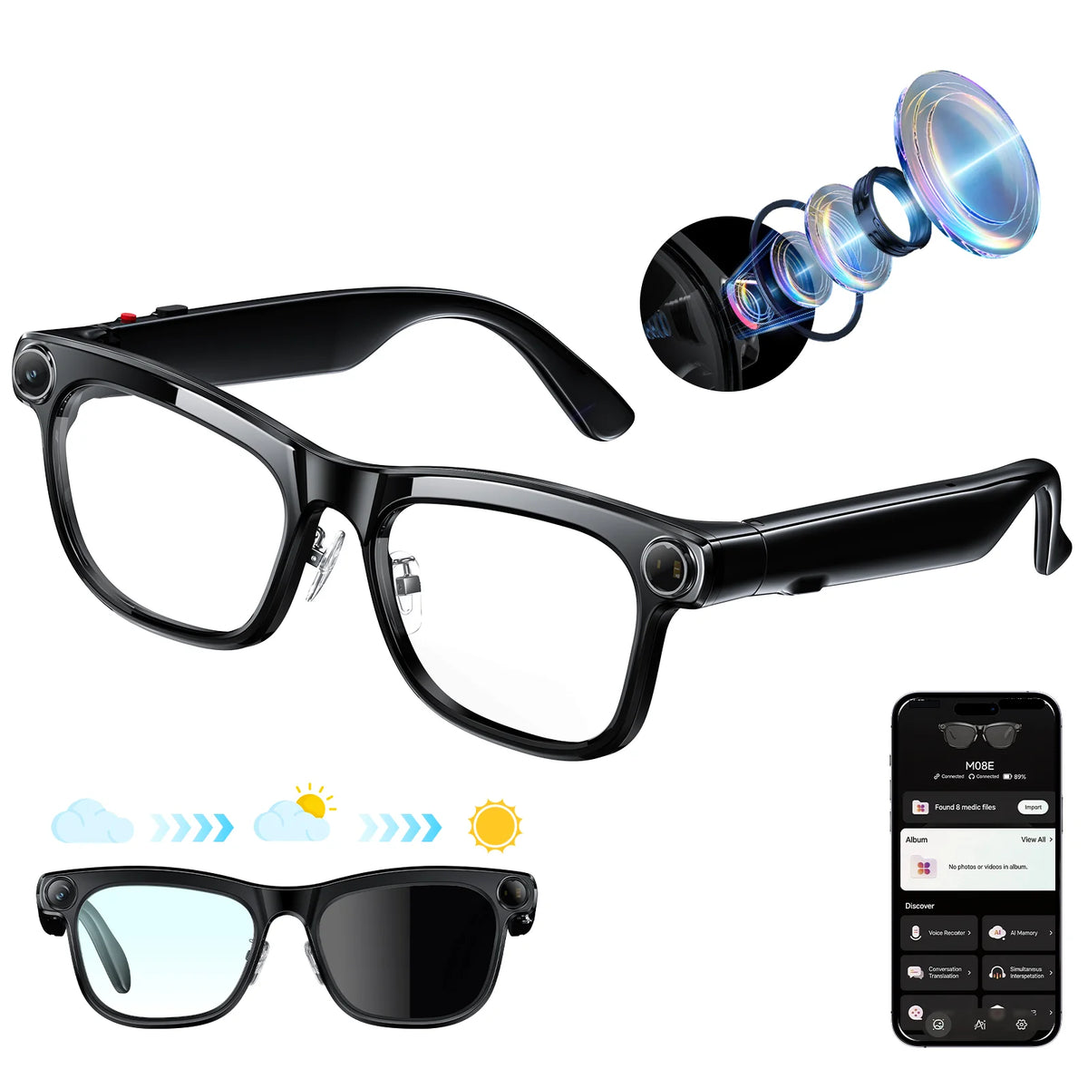KAIGERR 300mAh Smart Glasses 4K 1300W Pixels Camera Video Recording AI Photo Recognition Bluetooth Call Voice Translation Men Women Sunglasses Smart Devices