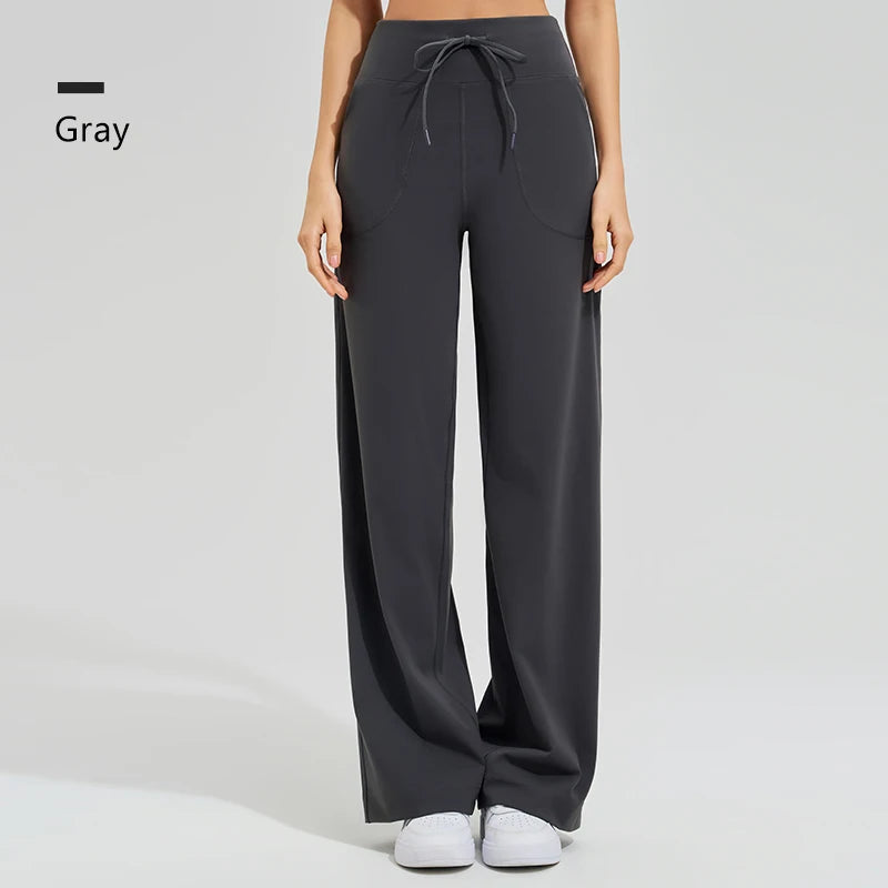 Women's High Waist Yoga Pants Gym Loose Running Pants Double Side Brushed with Pockets Pants Ties