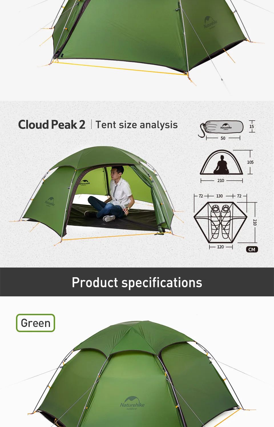 Naturehike Cloud Peak 2 Person Tent Ultralight Waterproof Camping Tent 4 Season Nylon Backpacking Traveling Tent