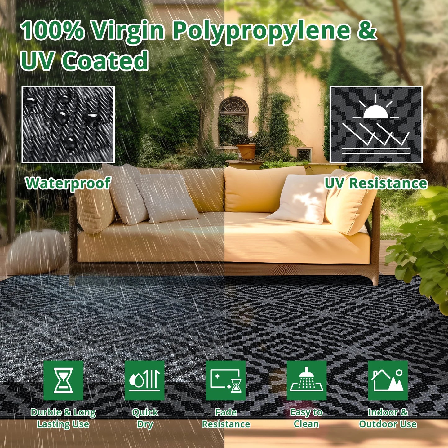 Outdoor Camping Rug Waterproof 6x9FT Reversible Stain&UV Resistant Plastic Straw RV Rug Carpet Mat with Portable Bag&4 Stakes