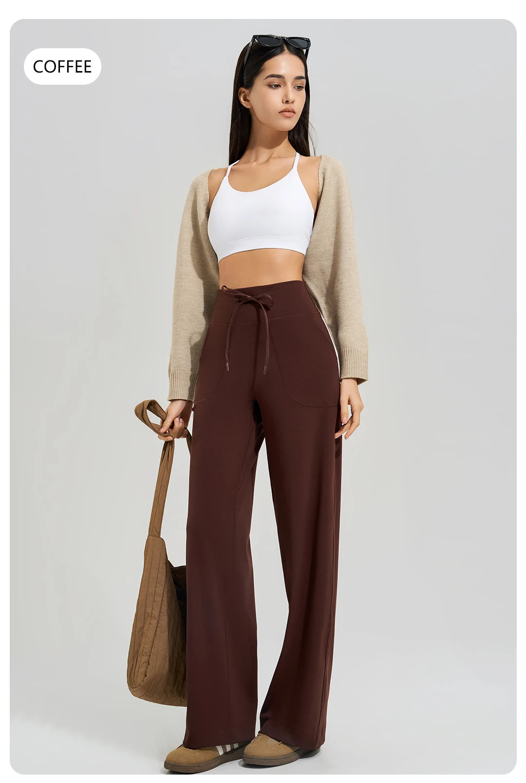 Women's High Waist Yoga Pants Gym Loose Running Pants Double Side Brushed with Pockets Pants Ties