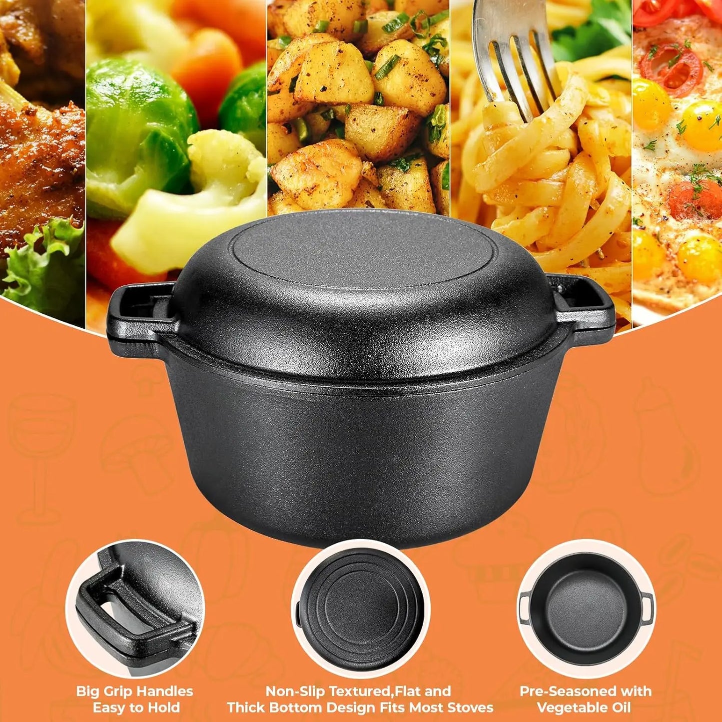 Pre-Seasoned Cast Iron Double Dutch Oven With Loop Handles, 5.1 Quart Pot + 1.9 Quart Lid - Cast Iron Dutch Oven with Lid