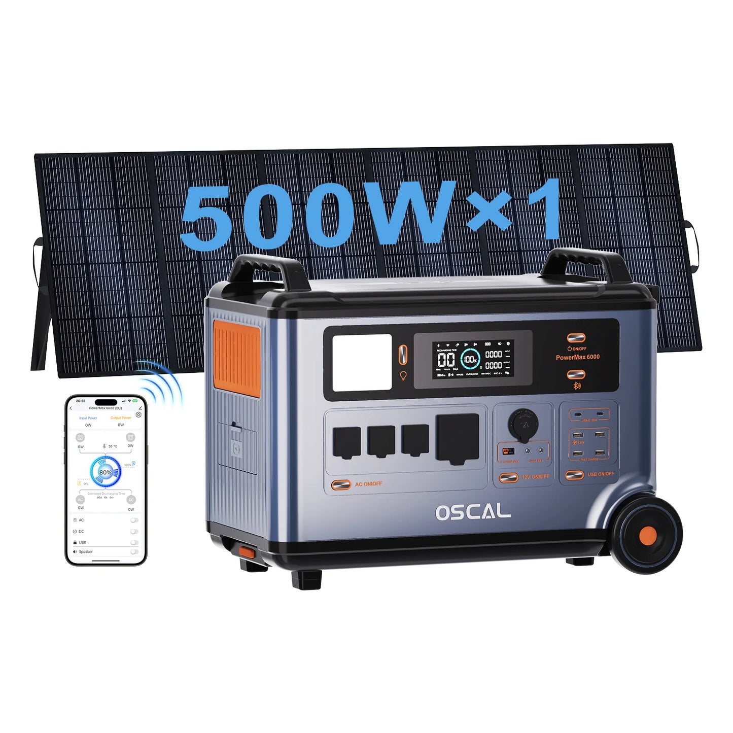 OSCAL PowerMax6000 Portable Power Station With 500W Solar Panel,6000W Continuous 9000W Peak,LiFePO4 Battery,2200W AC 2400W Solar Fast Charging,APP Monitor,Emergency Power Backup for Home,Camper,Outdoor Blackout