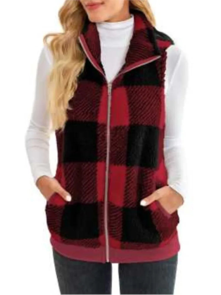 Autumn Winter Plaid Fleece Hoodie Vest Women's  Stand Collar Casual Pocket