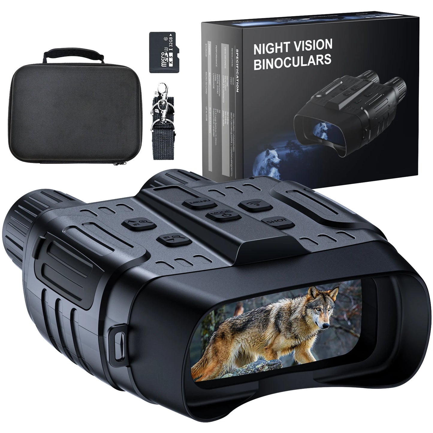 Night Vision Binoculars 4X Digital Zoom 7 Levels Infrared Surveillance Goggles 2.3" Screen Darkness 300 Meters